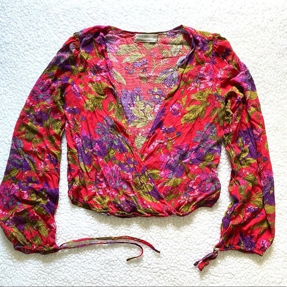 Urban Outfitters Deep V Faux Wrap Red Floral Top - Picture 1 of 6
